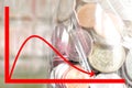 Virtual Graph red line and coin in piggy bank background. Stock price plummets with negative news coverage and investment is lost Royalty Free Stock Photo