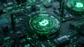 Generative AI Illustration virtual green bitcoin symbol crypto digital currency on green circuit board in city form background