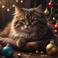 Christmas card of a Persian Longhair cat laying on a soft blanket , with Christmas decorations