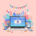 Happy Birthday Digital Celebration with Laptop, Tablet, Phone, Gifts, cyber monday, cyber monday shoping, black friday Royalty Free Stock Photo