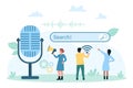 Virtual help of smart voice assistant, tiny people with microphone and megaphone use AI