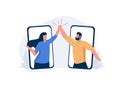 Virtual hi five for success collaboration, remote working or online greeting for business achievement, online video.