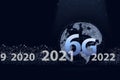 virtual hologram earth, 6G, 2021 year on dark blue background. The concept of communication and internet on dark blue background Royalty Free Stock Photo