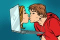 Virtual kiss, young man and woman online date