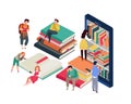 Virtual library. Online Book Club. Tiny people sitting on huge stack on books, men and women reading, electronic