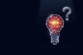 Virtual low poly gologram of light bulp and question mark on dark blue background. Concept of business bright idea , Investment