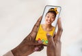 Virtual meeting. African american lady videochatting with her female friend, holding smartphone, closeup, collage