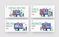 Virtual Meeting Landing Page Template Set. Tiny Businesspeople Characters Online Chat with Office Speaker on Pc Monitor