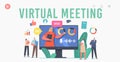 Virtual Meeting Landing Page Template. Tiny Businesspeople Characters Online Chat with Office Speaker on Huge Pc Monitor