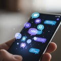 Virtual message icons hover above the device symbolizing communicatio Royalty Free Stock Photo