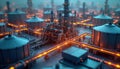 Virtual model of manufacturing plant. Complex network of pipes, tanks. Optimized production in digital twin environment. Tech
