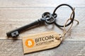 Virtual money Bitcoin cryptocurrency - Bitcoins accepted here Royalty Free Stock Photo