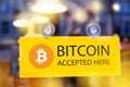 Virtual money Bitcoin cryptocurrency - Bitcoins accepted here Royalty Free Stock Photo