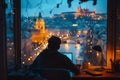 A virtual office environment where employees work remotely from anywhere in the world. a man is sitting at a desk in front of a