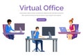 Virtual office web banner vector template. Support, distant work, freelance web page design.