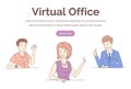 Virtual office web banner vector template. Training, distant work, freelance web page design. Royalty Free Stock Photo