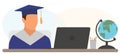 Virtual online graduation. Graduate boy is sitting at desk in front of laptop at home in graduation ceremony. Vector illustration