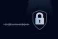 Virtual padlock hologram with soud wave on dark blue background. Protecting data personal information, concept of business