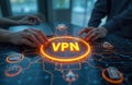 Virtual Private Network concept with glowing UI element. Hands interact with digital interface displaying secure connection Royalty Free Stock Photo