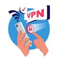 Virtual private network. Human using VPN on smartphone.