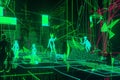 Virtual Reality Bar with Chaotic Green Neon Light Geometric Traces and Dancing Silhouettes, Generative AI