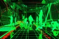 Virtual Reality Bar with Chaotic Green Neon Light Geometric Traces and Dancing Silhouettes, Generative AI