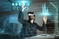 Virtual reality, business man and 3d graphs for working on statistics, data or hologram at night. Metaverse, vr and Royalty Free Stock Photo