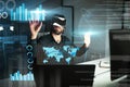 Virtual reality, business man and touch graphs, statistics or data analysis at night in office. Metaverse, vr and person Royalty Free Stock Photo