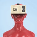 Virtual reality cardboard headset on color female plastic mannequin head, high quality isolated render Royalty Free Stock Photo