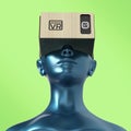 Virtual reality cardboard headset on color female plastic mannequin head, high quality isolated render Royalty Free Stock Photo