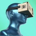 Virtual reality cardboard headset on color female plastic mannequin head, high quality render Royalty Free Stock Photo