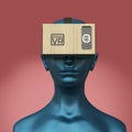 Virtual reality cardboard headset on color female plastic mannequin head, high quality render Royalty Free Stock Photo