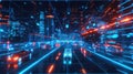 Virtual reality city grid with dynamic lights representing population and traffic data. Big data visualization
