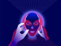 Virtual reality concept, cyberpunk girl character in futuristic 3d space. Vector illustration. Royalty Free Stock Photo