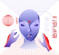 Virtual reality concept, cyberpunk girl character in futuristic 3d space. Vector illustration. Royalty Free Stock Photo