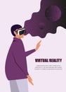 Virtual reality concept.Enthusiastic young girl uses virtual reality goggles and gets into space.Space simulator for the study of