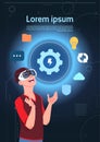 Virtual Reality Concept Man Wearing Vr Headset Glasses Touching Digital Business Icons