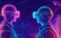 Virtual reality construction workers collaborating on a project in a futuristic setting at night with neon outlines Royalty Free Stock Photo