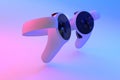 Virtual reality controllers for online and home gaming in neon lights on white