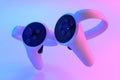 Virtual reality controllers for online and home gaming in neon lights on white