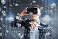 Virtual reality, 3D-technologies, cyberspace, science and people concept - happy woman in 3d glasses touching projection Royalty Free Stock Photo