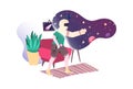 Virtual reality flat style illustration design. Man as astronaut in space. Gamer at home