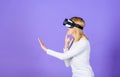 Virtual reality and future technology. Girl use modern technology vr headset. Digital device modern opportunity