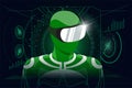 Virtual reality game in headset concept. User in green suit wearing VR glasses helmet on HUD style abstract digital Royalty Free Stock Photo