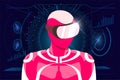 Virtual reality gaming in headset concept. User in pink suit wearing VR glasses helmet on HUD style abstract digital Royalty Free Stock Photo