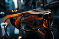 virtual reality glasses, futuristic metropolis as a background Royalty Free Stock Photo