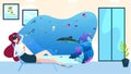 Virtual reality glasses vector illustration, cartoon flat businesswoman character lying on sofa, diving with fishes on