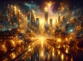 Virtual reality golden city background. Futuristic skyscrapers, concept Royalty Free Stock Photo