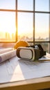 Virtual reality headset and blueprints on a desk with sunset view Royalty Free Stock Photo