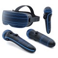 Virtual Reality Headset and Controllers with Blue Neon Lines on White Background gaming Royalty Free Stock Photo